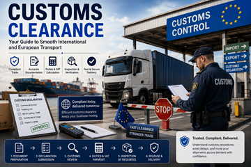 Operaciones europeas de despacho de aduanas con camiones, contenedores de carga, inspecciones fronterizas y logística internacional