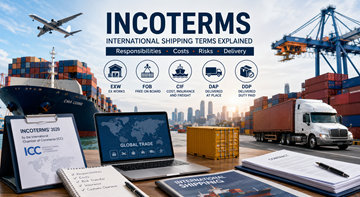 Transporte internacional de carga con contenedores, camiones y barcos, y profesionales de logística explicando los Incoterms para el comercio global
