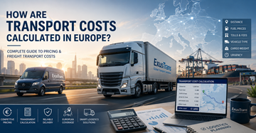 Cálculo de precios de transporte en Europa con camiones logísticos, costes de flete, combustible, peajes y planificación de entregas