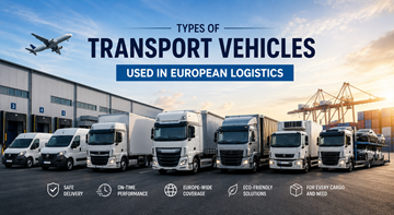 Diferentes vehículos de transporte utilizados en la logística europea, incluidos furgones de reparto, camiones, semirremolques y vehículos de transporte refrigerado